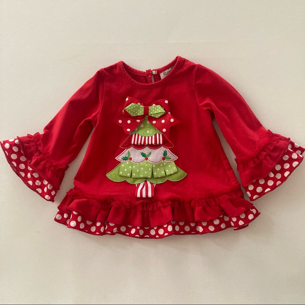 Holiday Christmas Tree Baby Girl 18 Months Red Polka Dot Ruffle Top